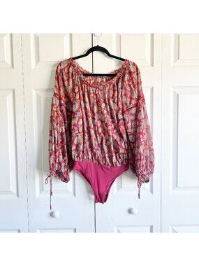 Free People Red Paisley Print Off Shoulder Bodysuit Women's Size X-Small XS